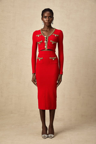 Axelle Embellished Knit Cardigan and Skirt Set — Red & Gold