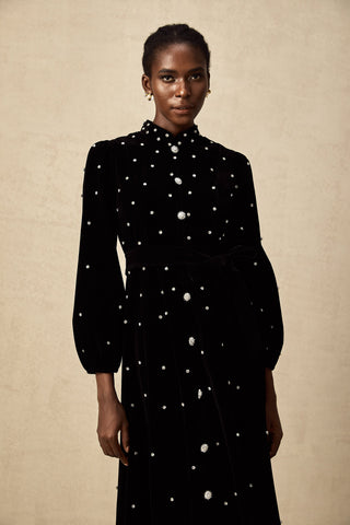 Lola Velvet Bow-Detail Midi Dress — Black