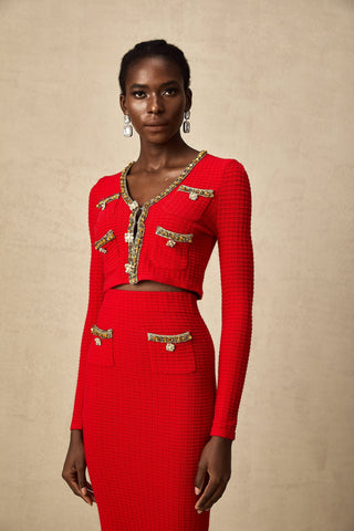 Axelle Embellished Knit Cardigan and Skirt Set — Red & Gold