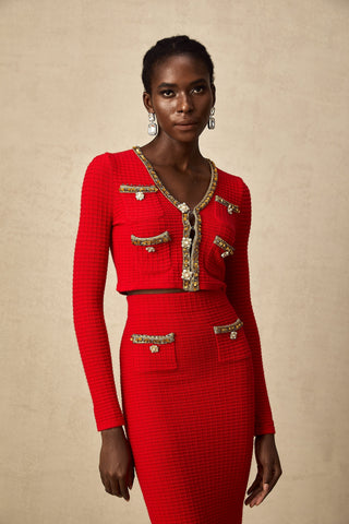 Axelle Embellished Knit Cardigan and Skirt Set — Red & Gold