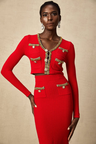 Axelle Embellished Knit Cardigan and Skirt Set — Red & Gold