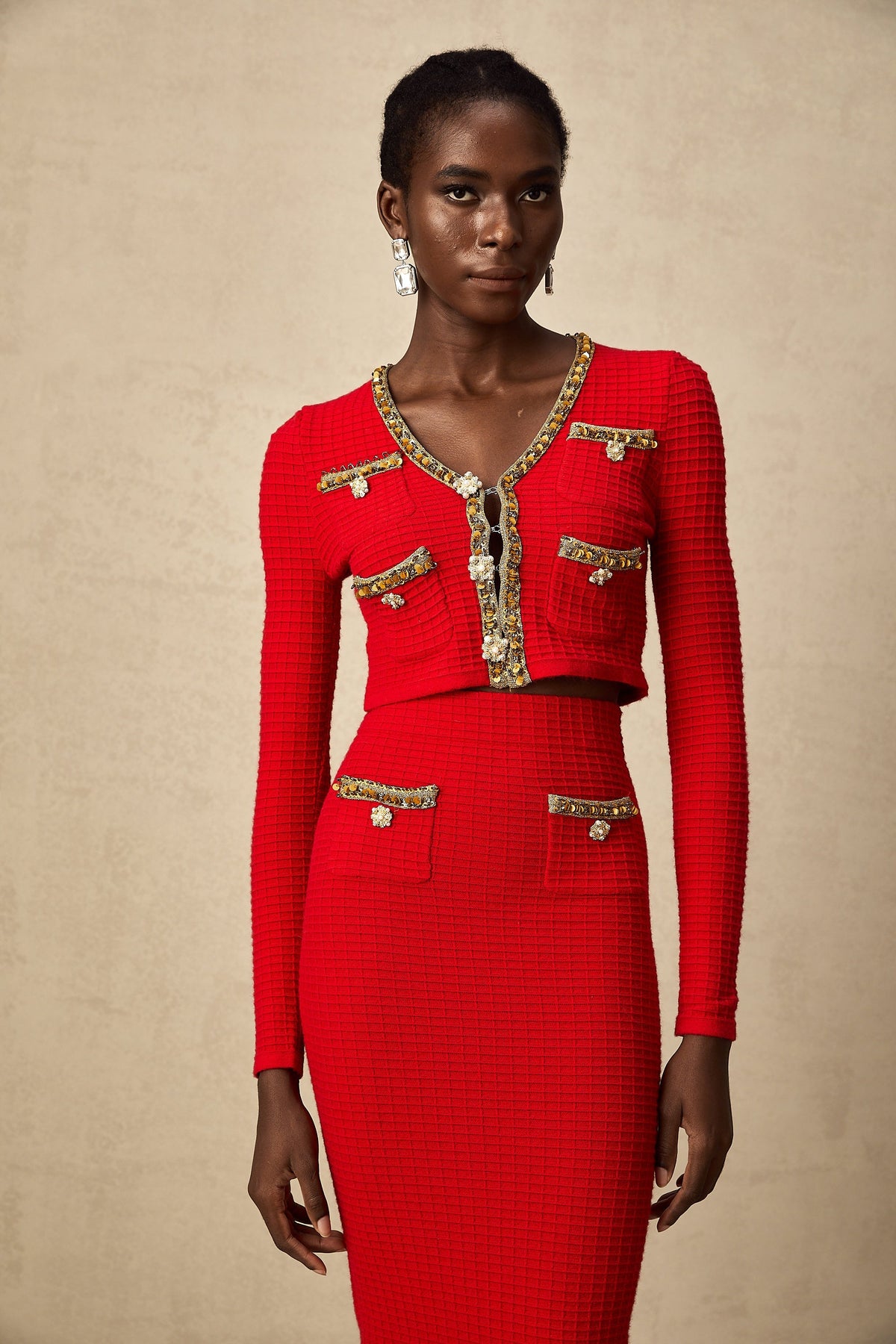 Axelle Embellished Knit Cardigan and Skirt Set — Red & Gold