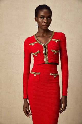 Axelle Embellished Knit Cardigan and Skirt Set — Red & Gold