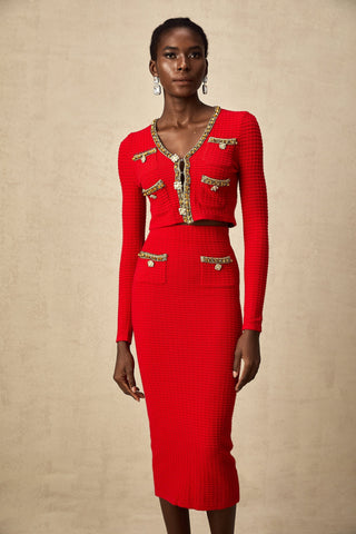 Axelle Embellished Knit Cardigan and Skirt Set — Red & Gold