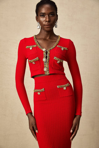 Axelle Embellished Knit Cardigan and Skirt Set — Red & Gold