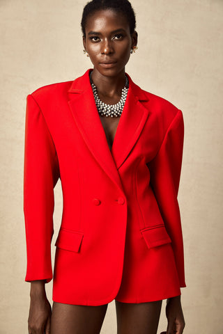 Coline Double-Breasted Hourglass Blazer — Red