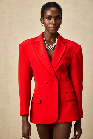 Coline Double-Breasted Hourglass Blazer — Red