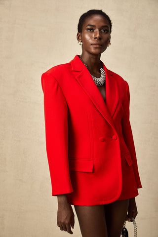 Coline Double-Breasted Hourglass Blazer — Red