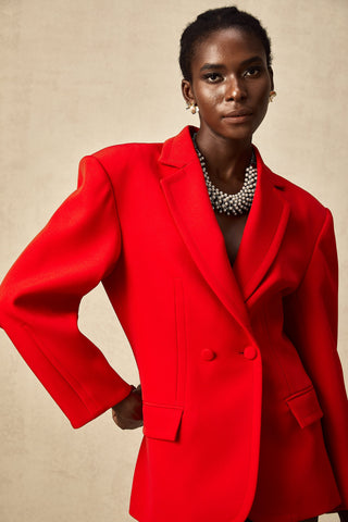 Coline Double-Breasted Hourglass Blazer — Red