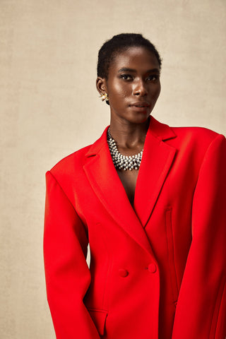 Coline Double-Breasted Hourglass Blazer — Red