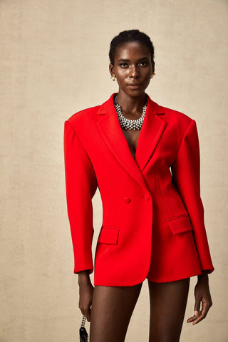 Coline Double-Breasted Hourglass Blazer — Red
