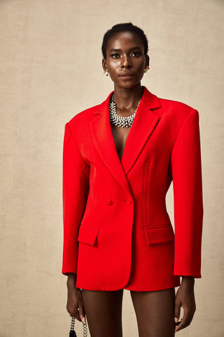 Coline Double-Breasted Hourglass Blazer — Red