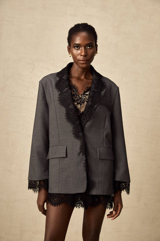 Dianthe Lace-Panel Blazer — Grey & Black