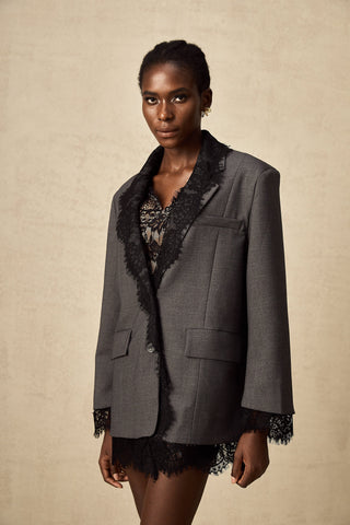 Dianthe Lace-Panel Blazer — Grey & Black