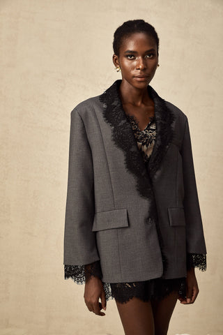 Dianthe Lace-Panel Blazer — Grey & Black