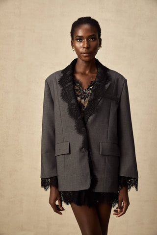 Dianthe Lace-Panel Blazer — Grey & Black