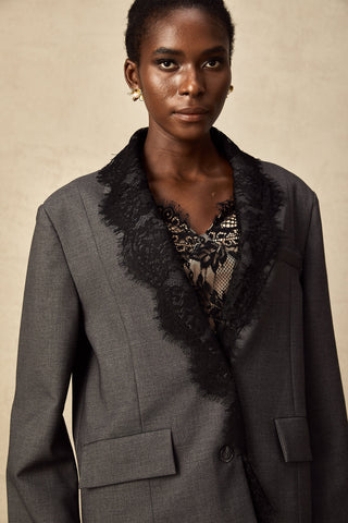 Dianthe Lace-Panel Blazer — Grey & Black