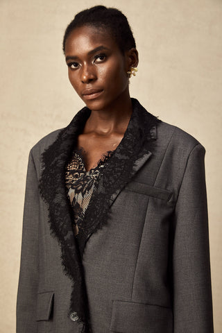 Dianthe Lace-Panel Blazer — Grey & Black
