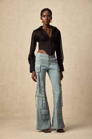 Mila Flared Cargo Trousers — Blue