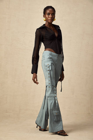 Mila Flared Cargo Trousers — Blue