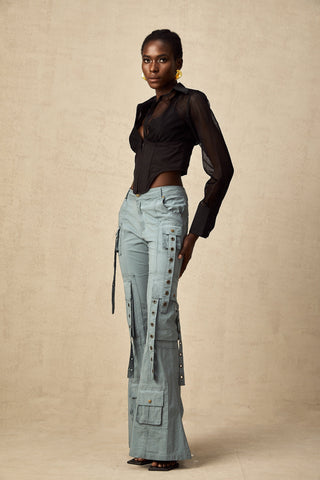 Mila Flared Cargo Trousers — Blue