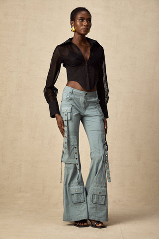 Mila Flared Cargo Trousers — Blue