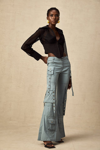Mila Flared Cargo Trousers — Blue