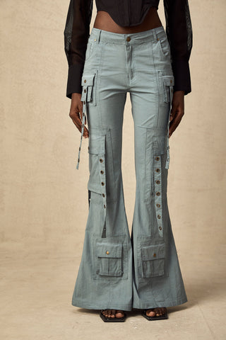 Mila Flared Cargo Trousers — Blue