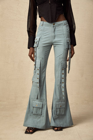 Mila Flared Cargo Trousers — Blue