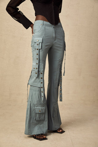 Mila Flared Cargo Trousers — Blue