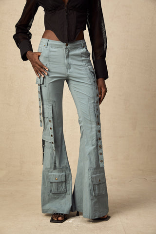 Mila Flared Cargo Trousers — Blue