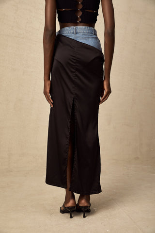 Livia Satin Maxi Skirt — Black & Blue