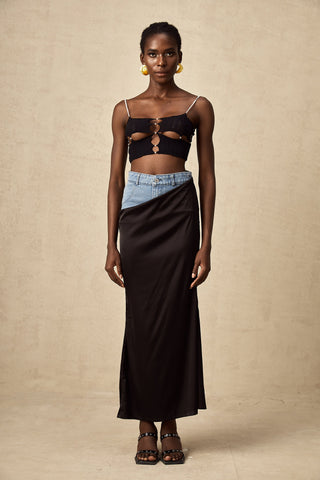 Livia Satin Maxi Skirt — Black & Blue