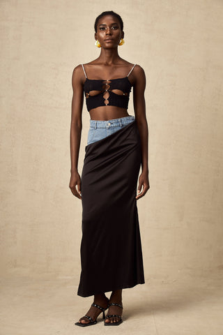 Livia Satin Maxi Skirt — Black & Blue