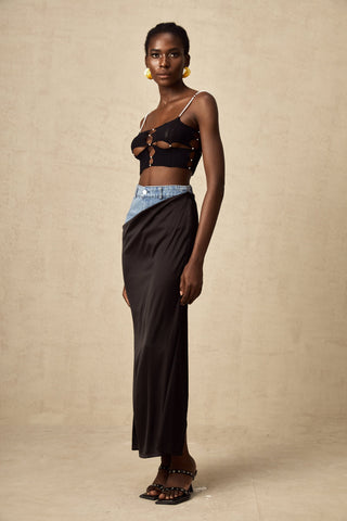 Livia Satin Maxi Skirt — Black & Blue