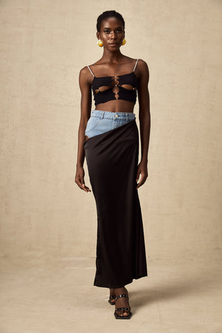 Livia Satin Maxi Skirt — Black & Blue