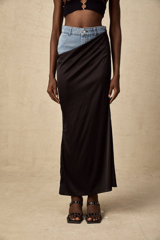 Livia Satin Maxi Skirt — Black & Blue