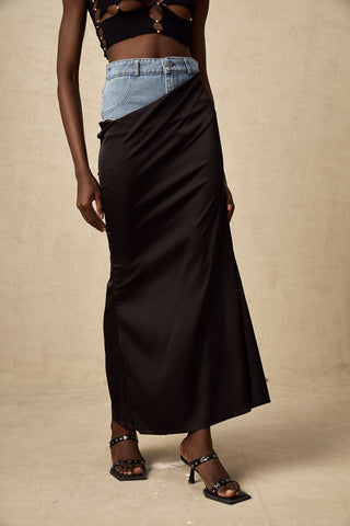 Livia Satin Maxi Skirt — Black & Blue