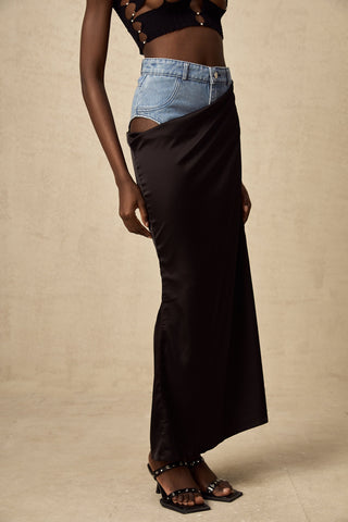 Livia Satin Maxi Skirt — Black & Blue
