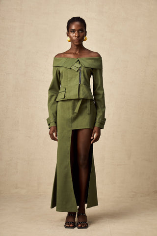 Éléna Asymmetric Jacket and Skirt Set — Green