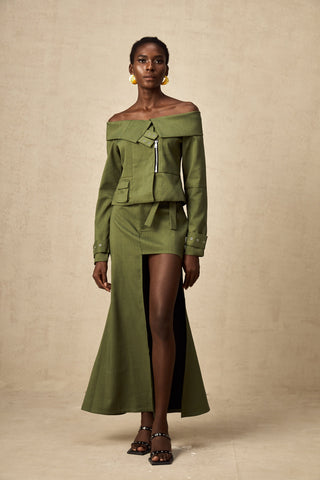 Éléna Asymmetric Jacket and Skirt Set — Green