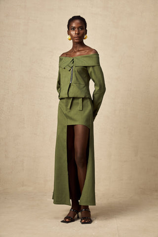 Éléna Asymmetric Jacket and Skirt Set — Green