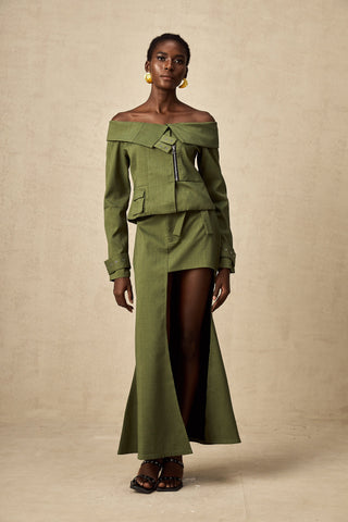 Éléna Asymmetric Jacket and Skirt Set — Green