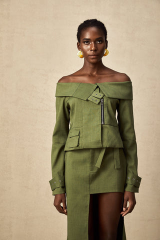 Éléna Asymmetric Jacket and Skirt Set — Green