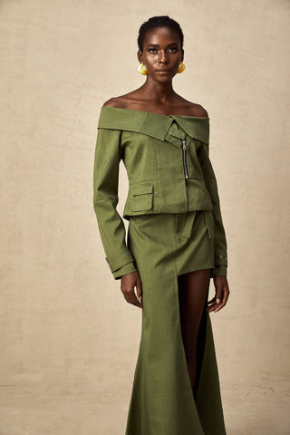 Éléna Asymmetric Jacket and Skirt Set — Green