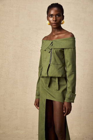Éléna Asymmetric Jacket and Skirt Set — Green