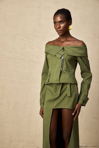Éléna Asymmetric Jacket and Skirt Set — Green