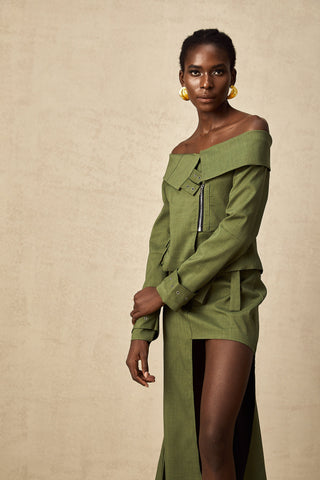 Éléna Asymmetric Jacket and Skirt Set — Green