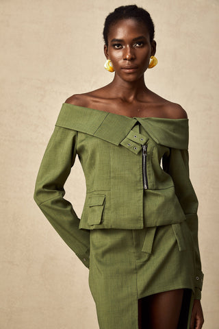 Éléna Asymmetric Jacket and Skirt Set — Green