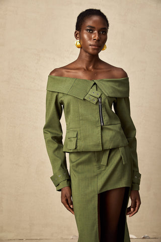 Éléna Asymmetric Jacket and Skirt Set — Green
